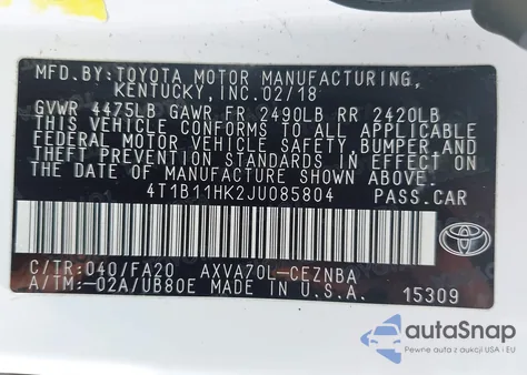 2018 Toyota Camry Le z USA, uszkodzony, nr VIN 4T1B11HK2JU085804